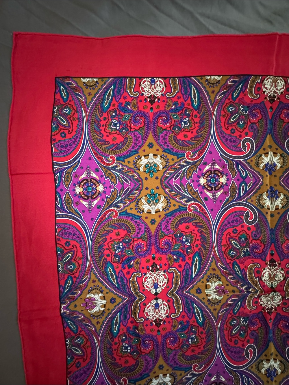 Dior Multicolor Paisley Silk Scarf with Red Border - Picture 4 of 7